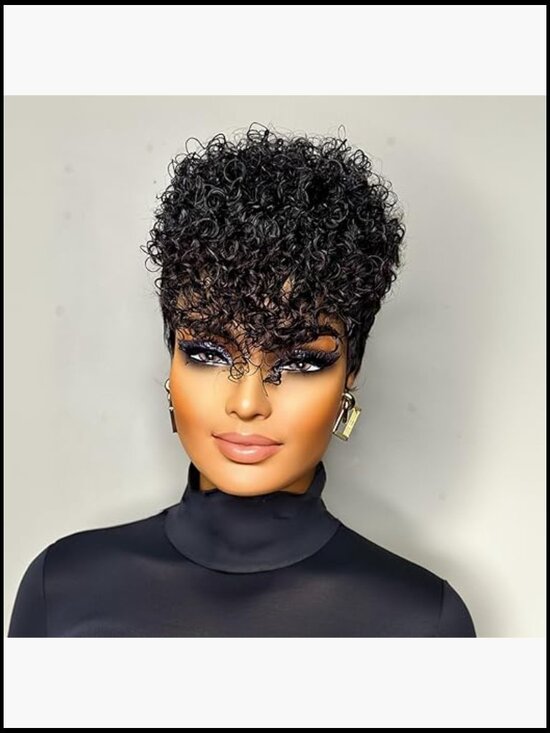 Short Layered Curly Human Hair Wig with Bangs Lightweight Full Density Glueless